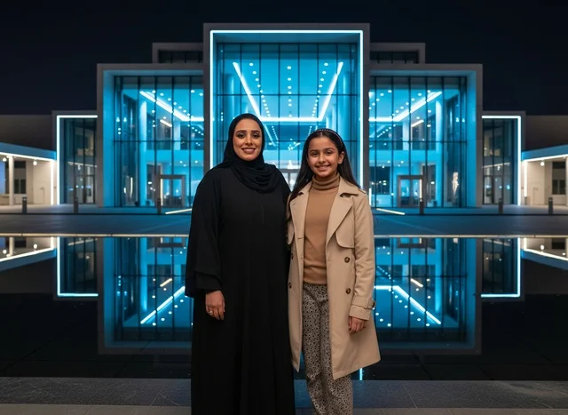 Emirati Mother and Daughter at Night Modern Building