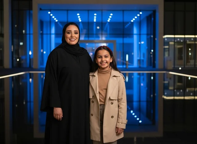 Emirati Woman and Child at Modern Building Night