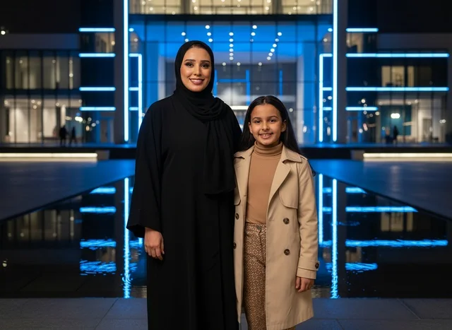 Saudi Woman and Girl by Modern Building at Night