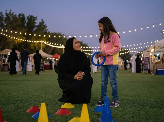 امرأة سعودية وطفلة في مهرجان مسائي خارجي