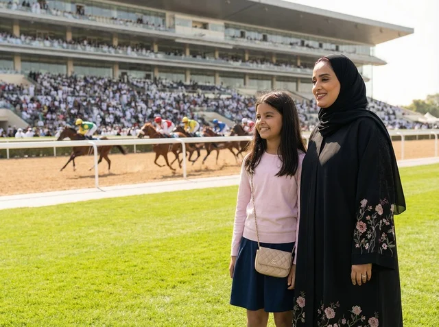 Emirati Woman and Girl at Horse Racing Racetrack