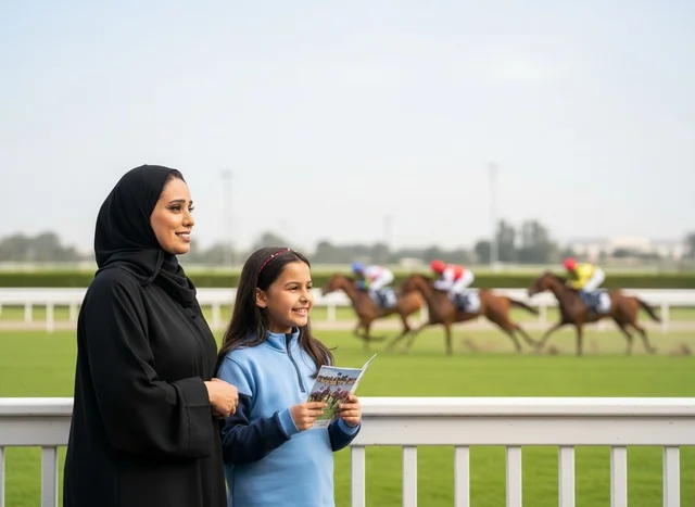 Emirati Woman and Girl Watching Horse Racing Event