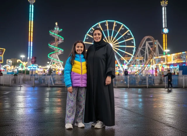 Saudi Mother and Daughter at Night Amusement Park