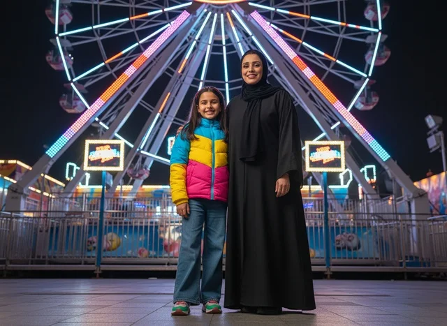 Emirati Mother and Daughter at Night Amusement Park