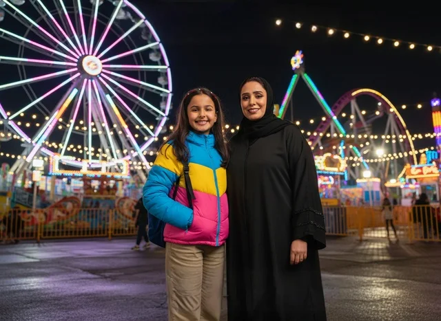 امرأة سعودية وطفلة في مدينة الملاهي ليلاً