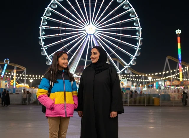 Saudi Mother and Daughter at Night Amusement Park