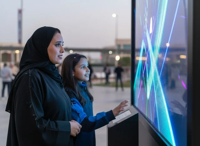 امرأة سعودية وطفلة تستخدمان شاشة رقمية تفاعلية