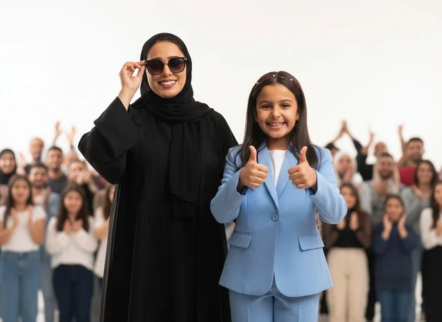 Saudi Woman in Abaya and Girl in Blue Suit