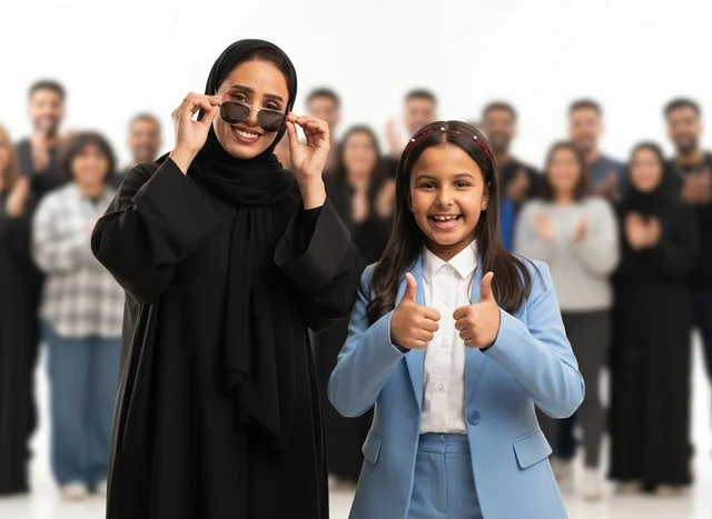 Emirati Mother and Daughter Celebrating Success on White