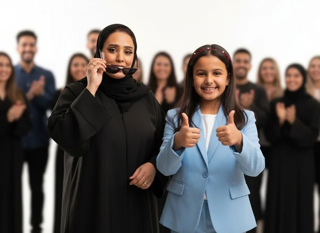 Saudi Woman and Girl Celebrating Success in Studio