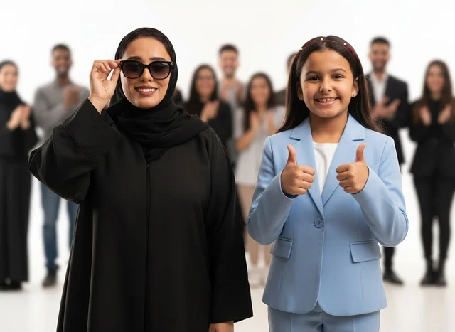 Emirati Woman and Girl with Applauding Group