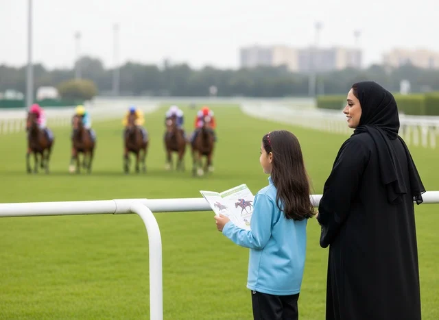 امرأة إماراتية وطفلة في مضمار سباق الخيل