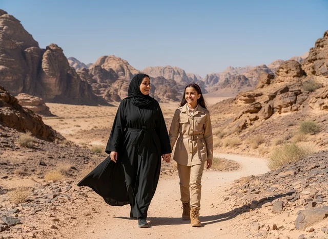 Saudi Mother and Daughter Walking in Wadi Rum Desert