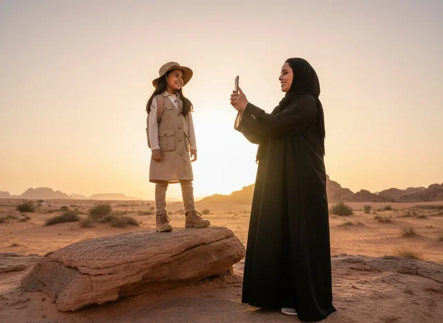 أم وابنتها في صحراء العلا وقت الغروب