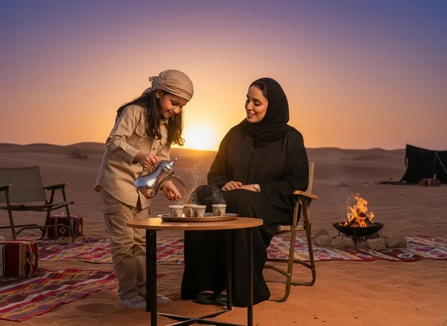 أم وابنتها في صحراء العلا وقت الغروب