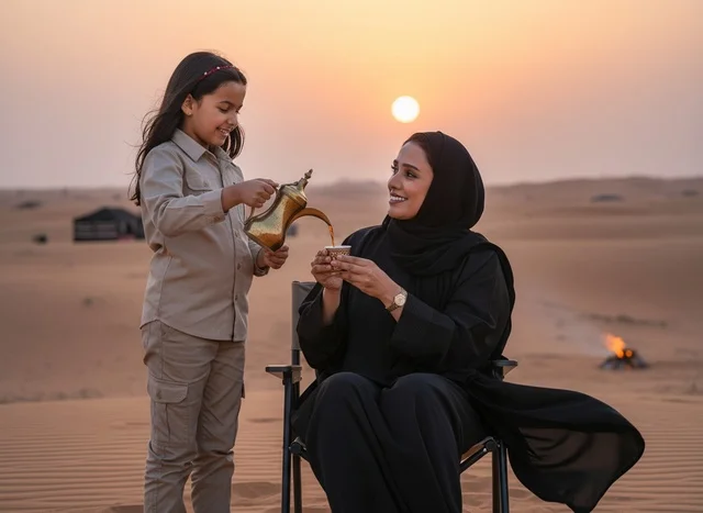 أم وابنتها في صحراء العلا وقت الغروب