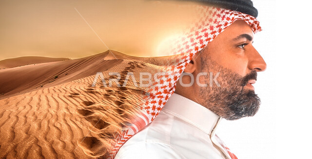 صورة لرجل عربي خليجي سعودي يتطلع لتحقيق رؤية مستقبلية أفضل مدموجة بخلفية لصحراء المملكة العربية السعودية ، التنمية المستدامة في الصحراء ، مواكبة التطلعات و مواجهة التحديات ، تحقيق الطموحات ، رؤية 2030