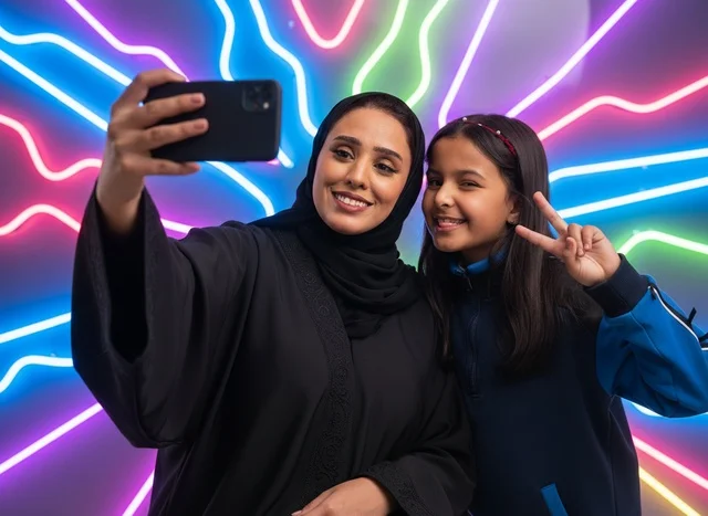 Saudi Mother and Daughter Selfie with Neon Background