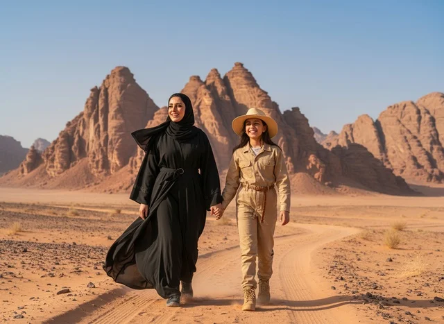 Arab Woman and Girl Walking in Desert Mountain Landscape