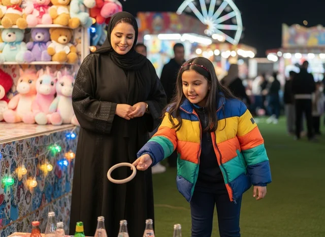 Saudi Mother and Daughter at Night Carnival Games