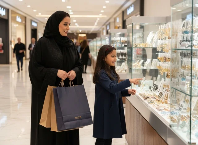 Emirati Woman and Girl Shopping for Jewelry in Mall