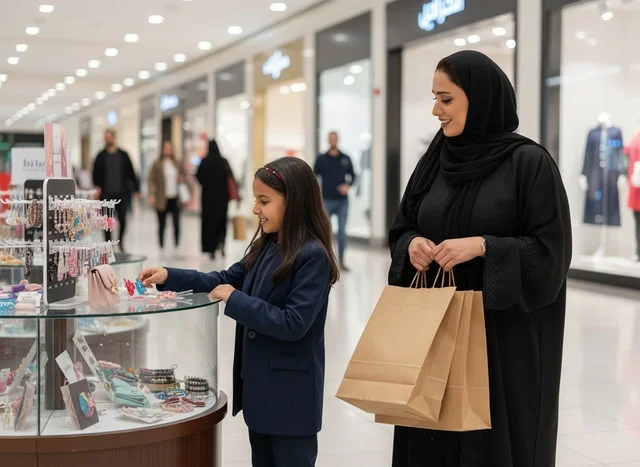 Arab Woman and Child Shopping in Modern Mall