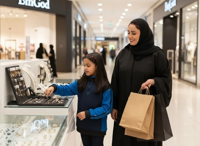 Emirati Mother and Daughter Shopping in Retail Mall