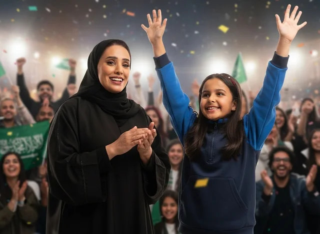 Saudi Woman and Girl Celebrating National Day