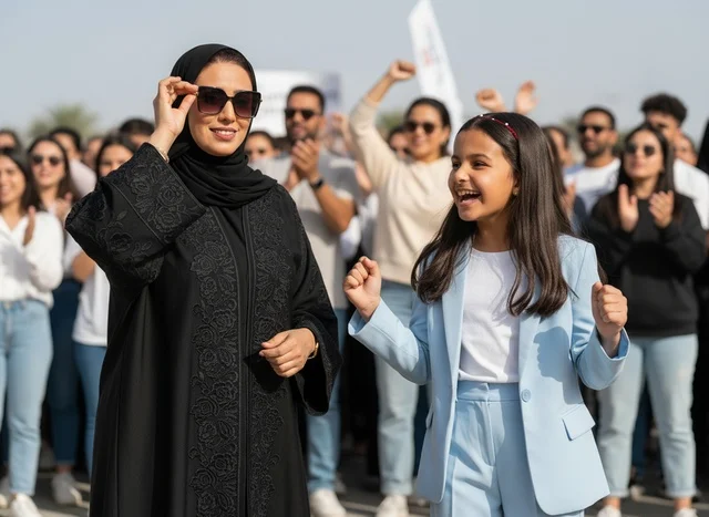 Emirati Woman and Girl at Public Event Outdoors