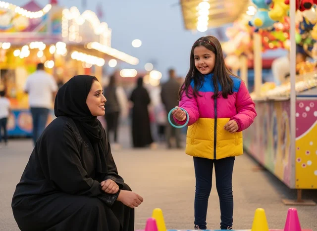 Saudi Mother and Daughter Playing Carnival Games at Night