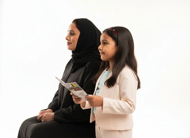 Emirati Woman and Girl with Brochure on White Background