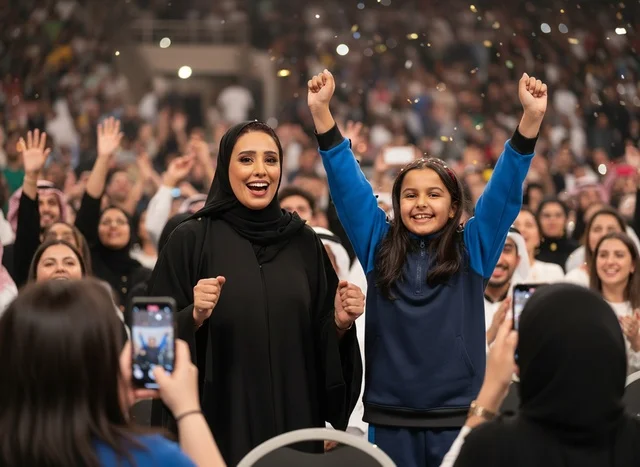 Saudi Woman and Girl Cheering at Crowd Event