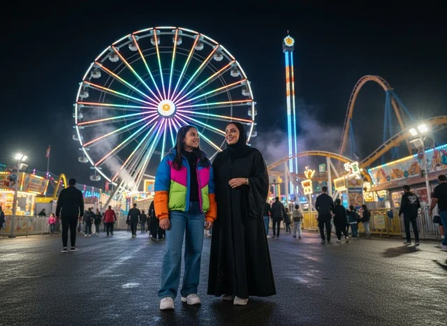 Arab Woman and Girl in Amusement Park at Night