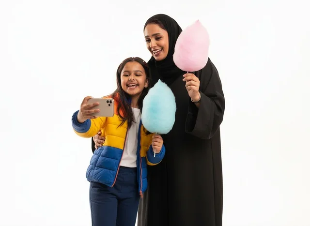 Emirati Mother and Daughter Taking Selfie with Cotton Candy