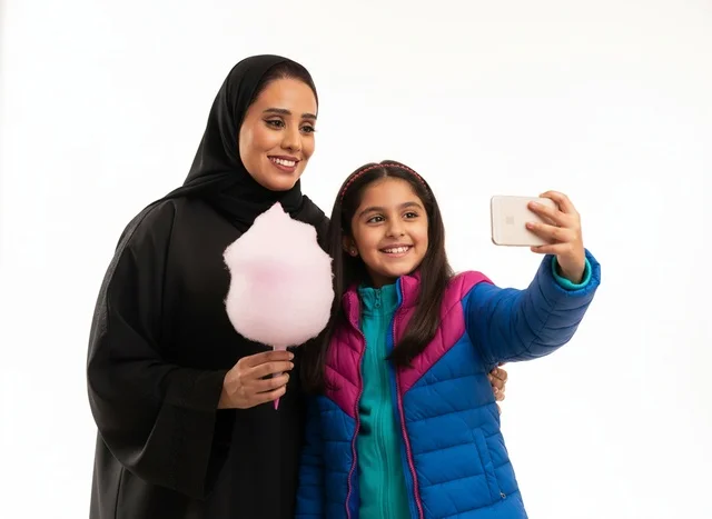 Emirati Woman and Girl Taking Selfie with Cotton Candy