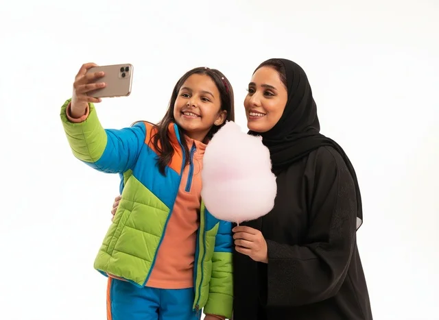 أم سعودية وابنتها تلتقطان سيلفي مع حلوى غزل البنات