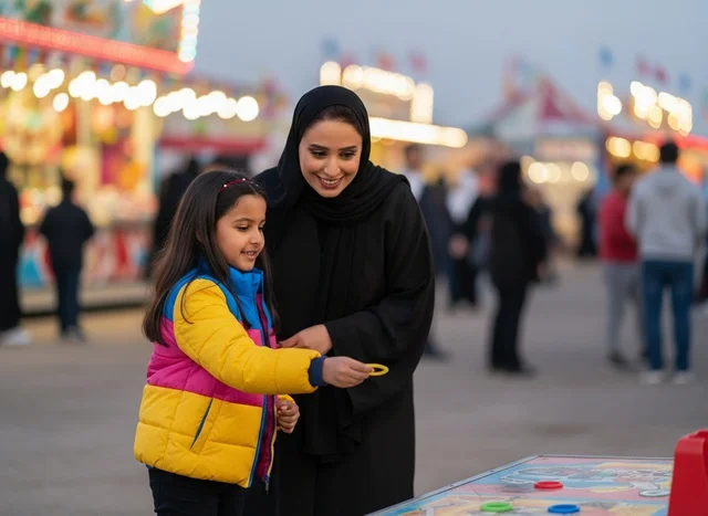 امرأة سعودية وطفلة يلعبان في مدينة الملاهي