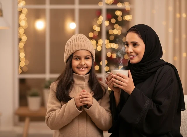 Saudi Mother and Daughter with Winter Drinks and Lights