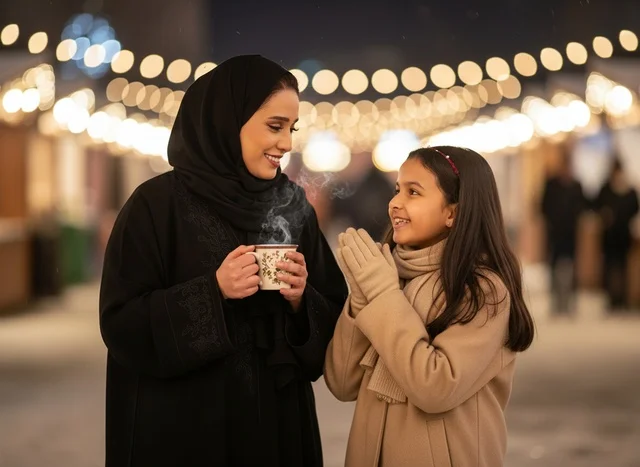 Arab Mother and Daughter in Winter Abaya Night Bokeh