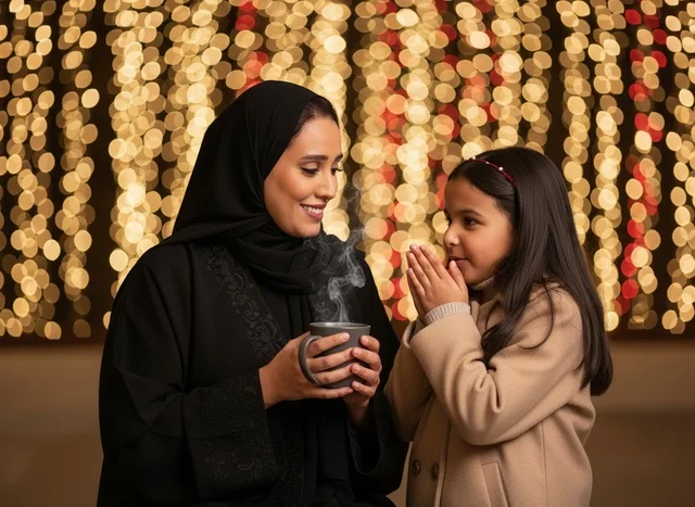امرأة عربية وطفلة مع مشروب ساخن وأضواء احتفالية