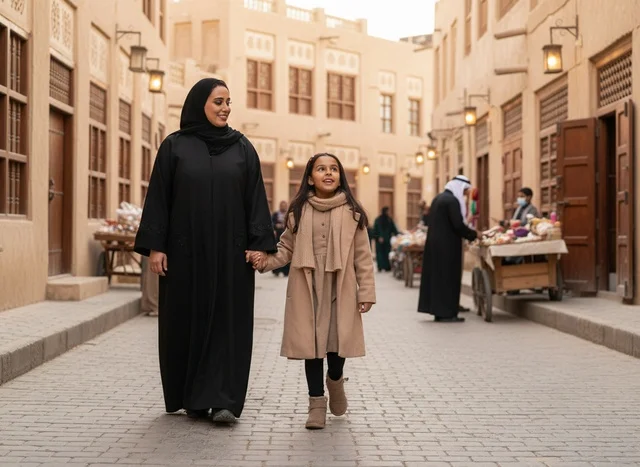 أم إماراتية وابنتها في قرية تراثية تقليدية