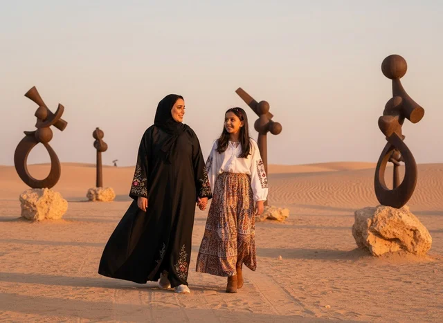 أم وابنتها إماراتيتان في الصحراء وقت الغروب