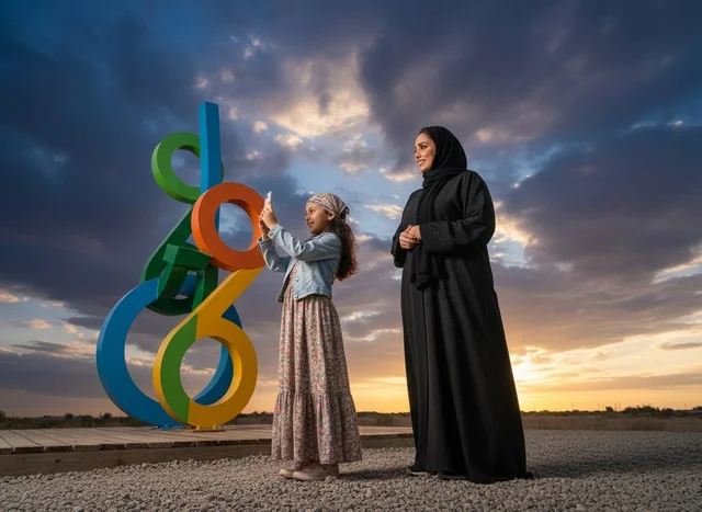 Emirati Woman and Girl with Sculpture at Sunset