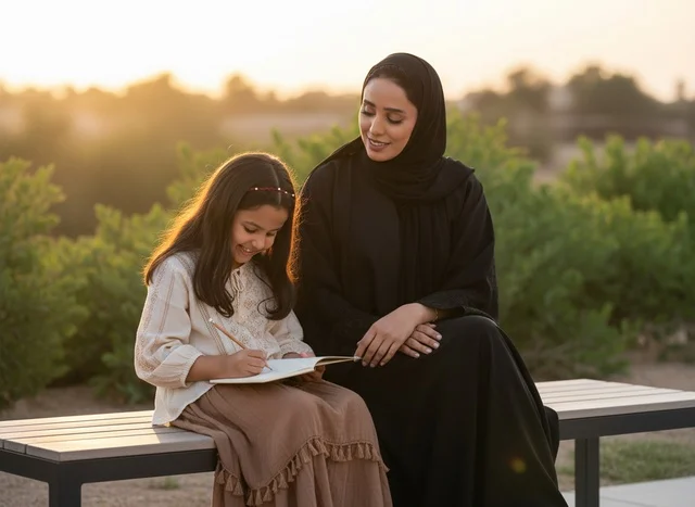 أم إماراتية وابنتها تكتبان في الحديقة وقت الغروب