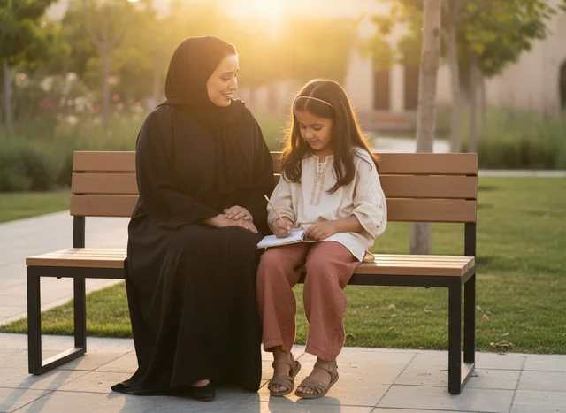 Saudi Woman and Child in Park at Sunset