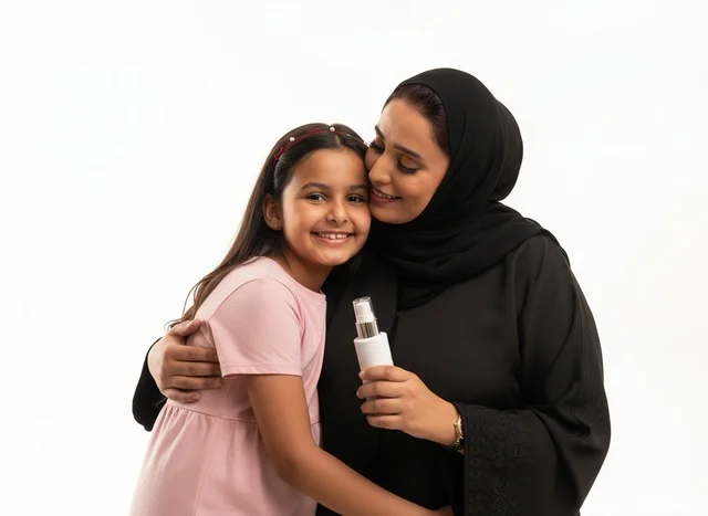 Emirati Mother and Daughter with Skincare Bottle
