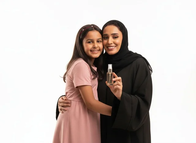 Saudi Mother and Daughter with Perfume Bottle Portrait