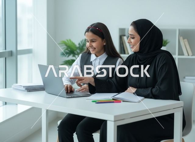 أم عربية وابنتها تستخدمان الحاسوب المحمول للدراسة