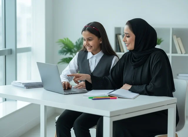 Arab Mother and Daughter Using Laptop for Schoolwork