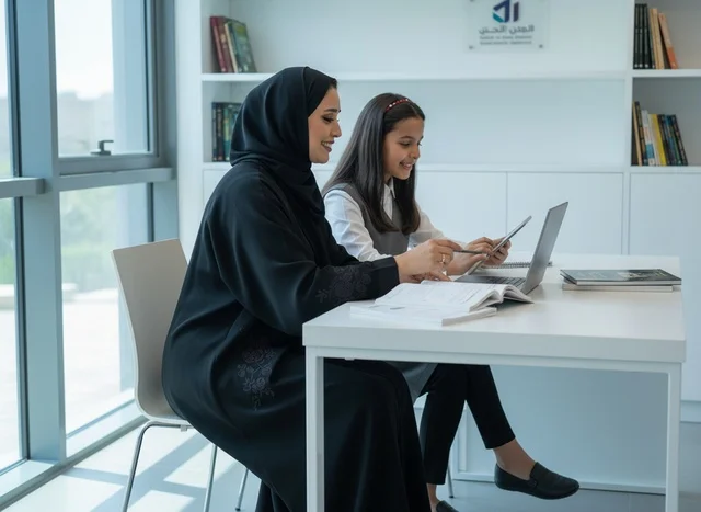 Emirati Mother and Daughter Studying with Laptop in Library